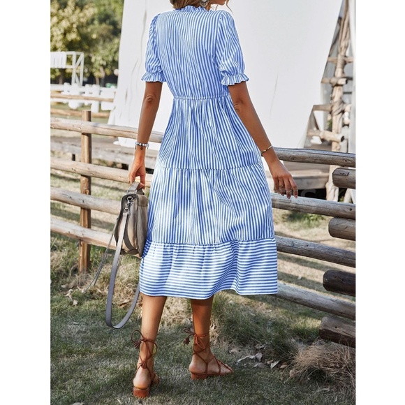 Striped Blue White V-Neck Midi Dress Babydoll Fit & Flared Tassel Ties - Picture 4 of 6